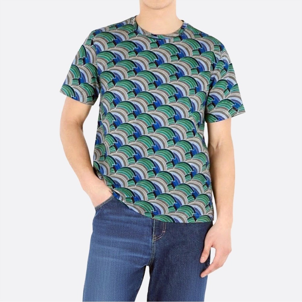 Just Cavalli Graphic Wave T-Shirt Blue Size Large Luxury Designer Italian‎ Made